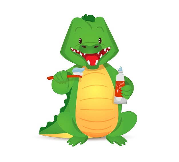 Cute green crocodile brushing teeth holding toothbrush and toothpaste in paws.Vector