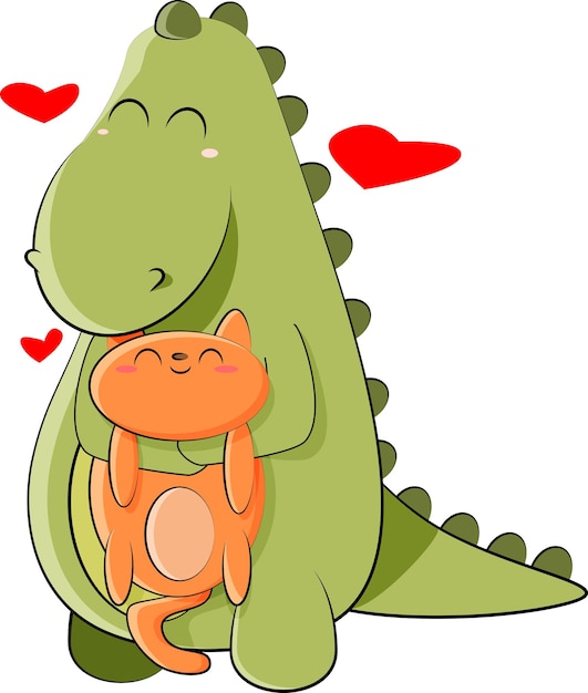 Cute green dinosaur hugging red cat in illustation