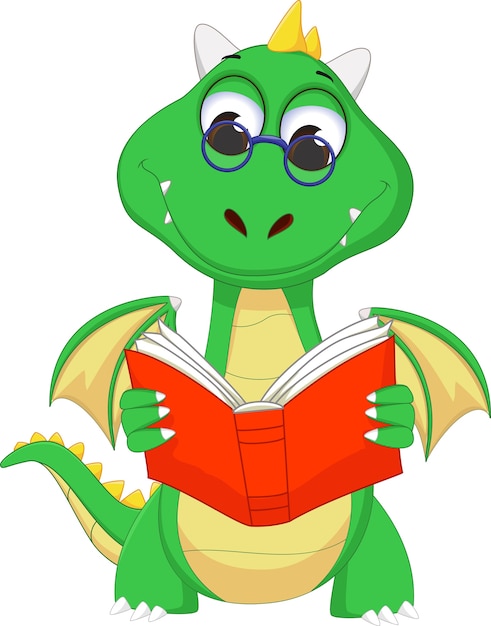 Cute green dragon reading a book