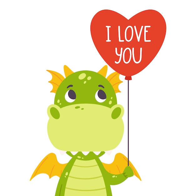 Cute green dragon with balloon in shape of heart and hand drawn lettering quote - i love you.