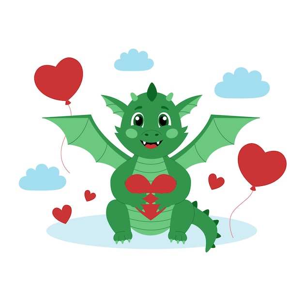 Vector cute green dragon with hearts and balloons cartoon character for valentines day