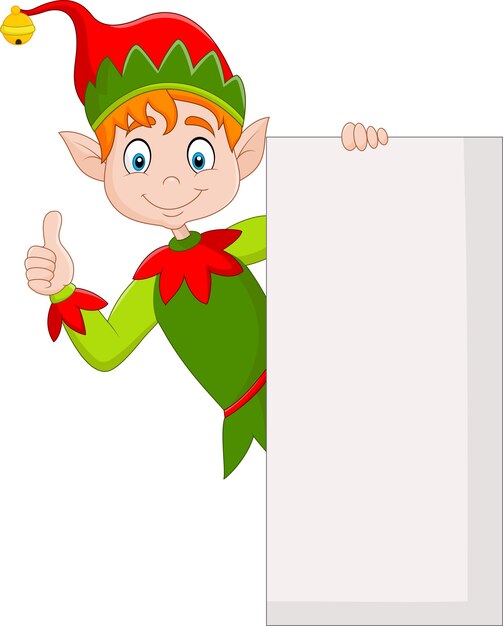 Vector cute green elf holding blank sign and giving thumbs up