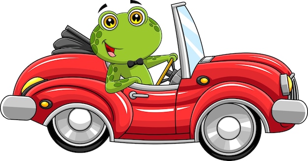 Cute green frog cartoon character drives a red sports car vector hand drawn illustration