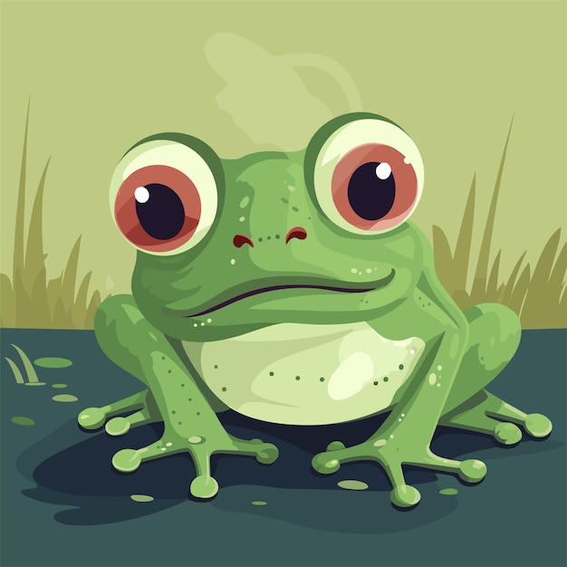 Vector cute green frog cartoon character frog and a water
