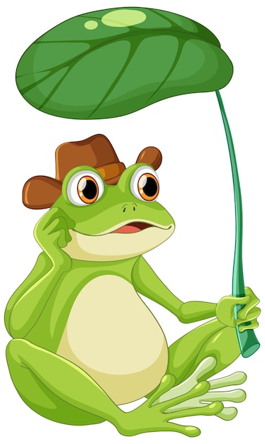 Vector cute green frog holding leaves