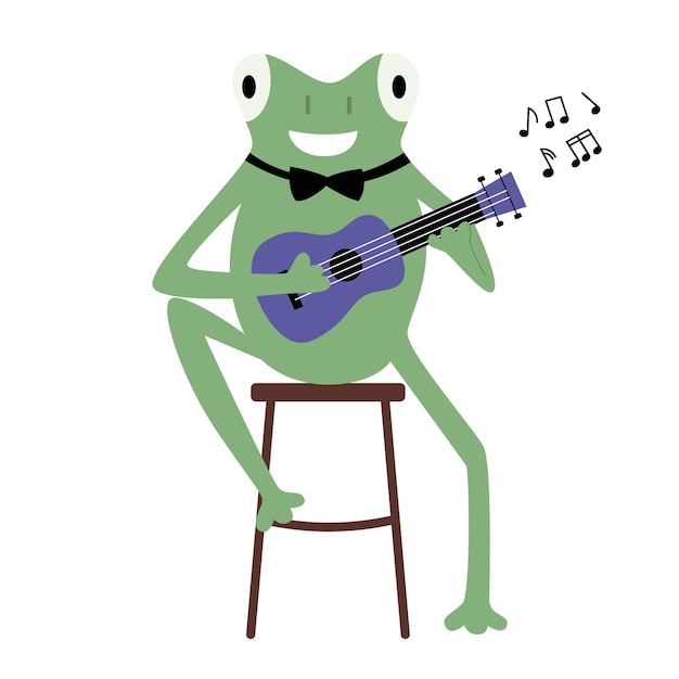 귀여운 녹색 개구리가 의자에 앉아 우쿨렐레를 연주합니다. 음악가, 가수, 악보. 벡터 플랫