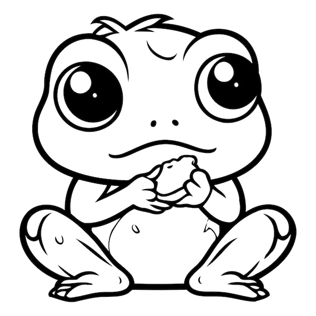 Cute green frog with a piece of bread Vector illustration