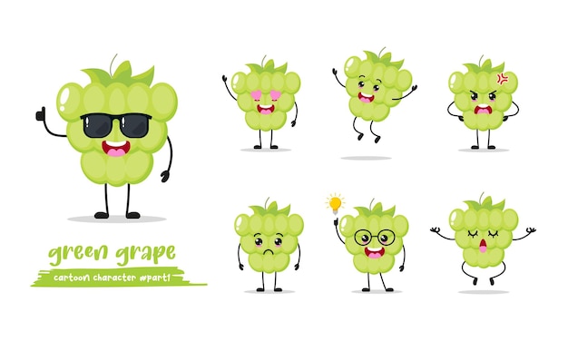 Vector cute green grape different activity expression emotion fruit with many activity vector flat design