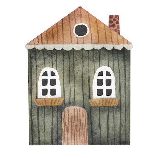 Vector cute green hand drawn cartoon house watercolor illustration