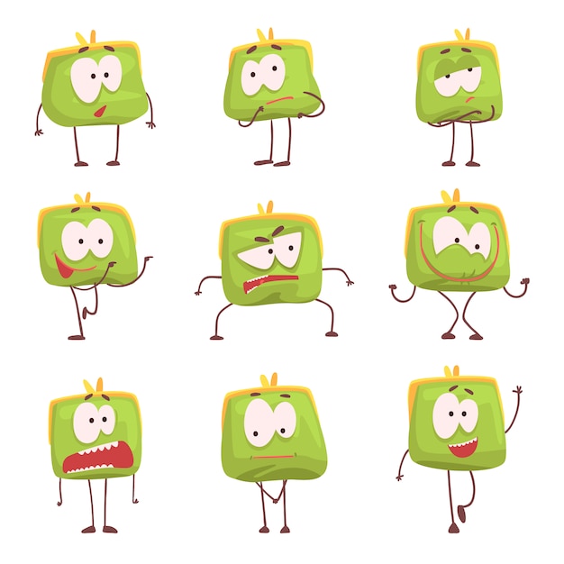 Cute green humanized purse with funny faces set of colorful characters  illustrations