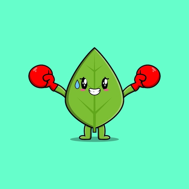Милый мультяшный талисман зеленого листа, играющий в спорт с боксерскими перчатками и милым стильным дизайном