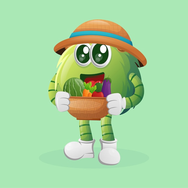 Vector cute green monster carries variety of fresh vegetables and fruits