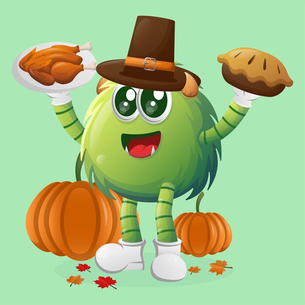 Cute green monster celebrate thanksgiving