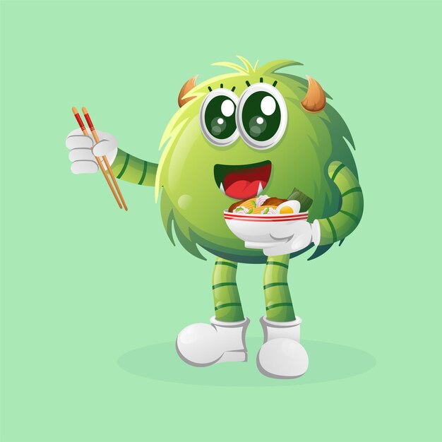 Cute green monster eat ramen