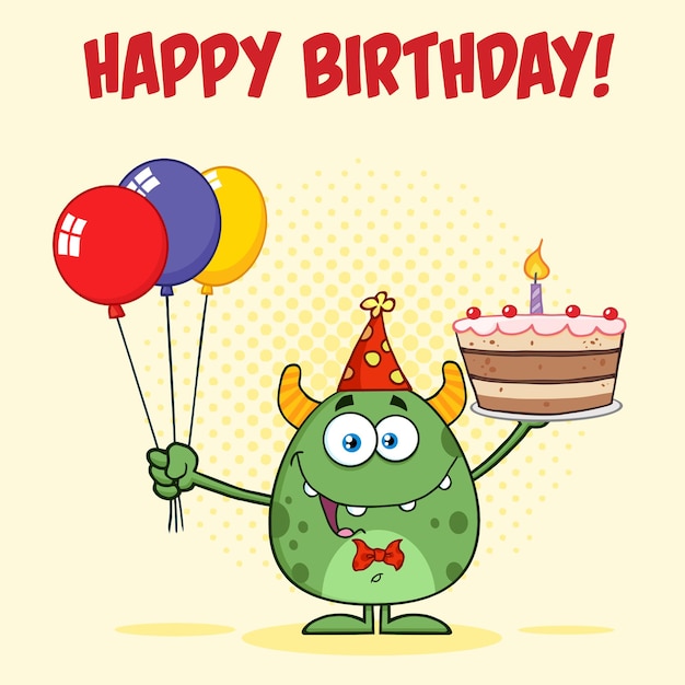 Vector cute green monster holding up a colorful balloons and birthday cake.