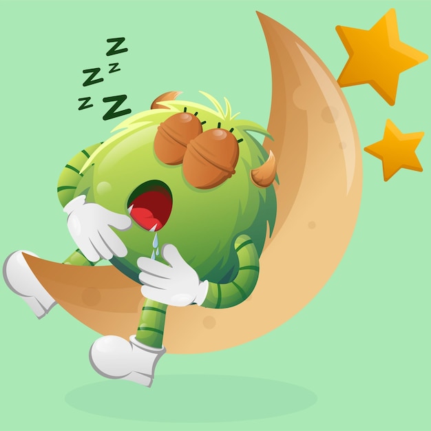 Cute green monster sleeping sleeping on the moon