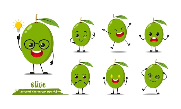 cute green olive cartoon with many expressions fruit different activity pose vector set