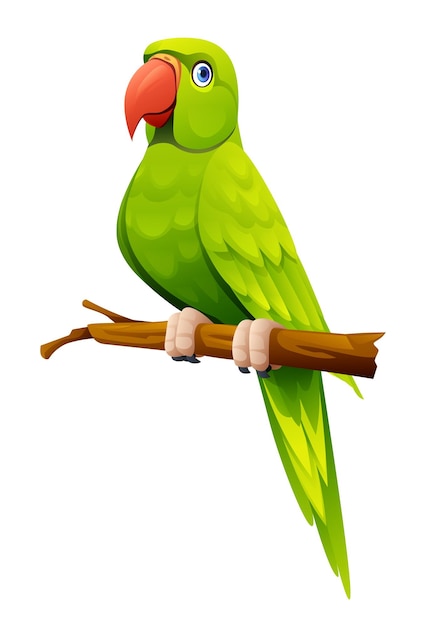 Vector cute green parrot sitting on branch cartoon illustration isolated on white background