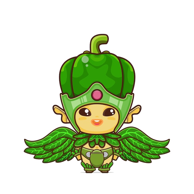 Vettore la simpatica mascotte del peperone verde con le ali delle foglie può essere utilizzata per informazioni sui contenuti vegetariani o per creare motivi e bg
