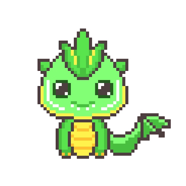 Vector cute green pixel chinese dragons kawaii colorful funny dinosaur with fantasy 8bit graphics