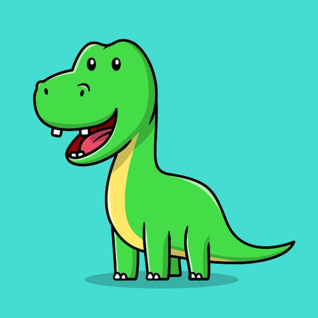 벡터 민트 배경에 귀여운 녹색 웃는 공룡 만화