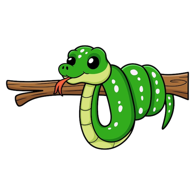 Cute green tree python cartoon on tree branch