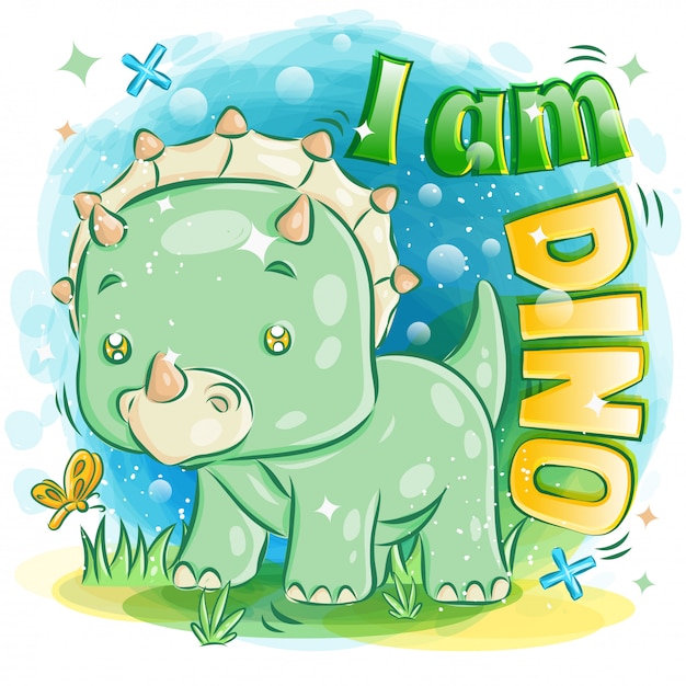 Cute green triceratops playing with butterfly illustration