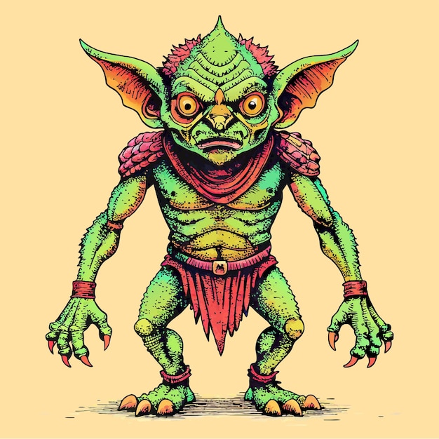 Carino verde orribile mostro goblin zombie inquietante personaggio di cartone animato disegnato a mano adesivo concetto di icona