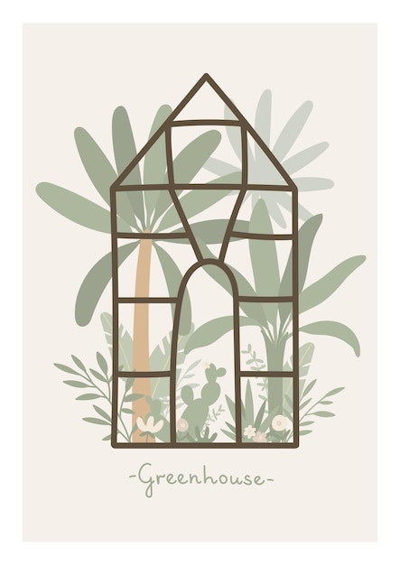 Cute greenhouse with palm trees leaves and flowers in flat style