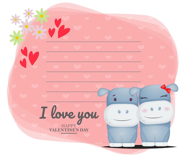 Cute greeting card and hippo couple for valentine's day