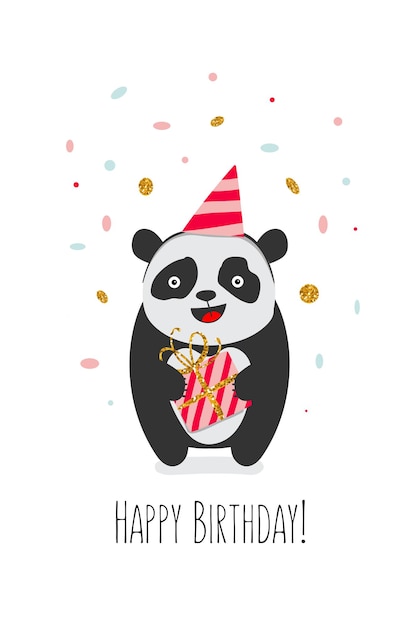 Simpatici biglietti di auguri per il giorno di buon compleanno con panda in stile kawaii. illustrazione vettoriale.