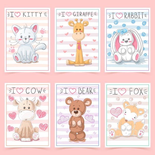 Vector cute greeting cards for kids with animals