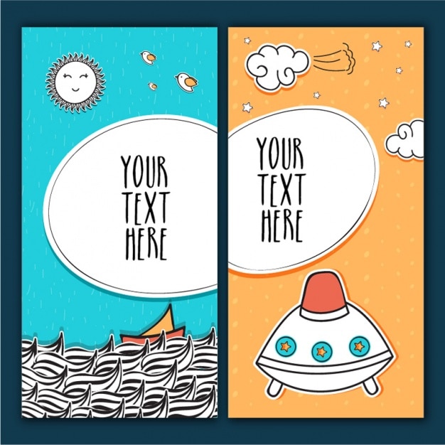 Cute greeting cards with ship and spaceship