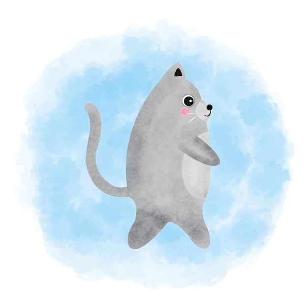 Cute grey cat watercolor blue background.