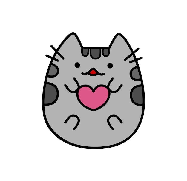 Cute grey kitten with pink heart.Fun vector cartoon meow cat drawing.I love cats icon. Kawaii animal