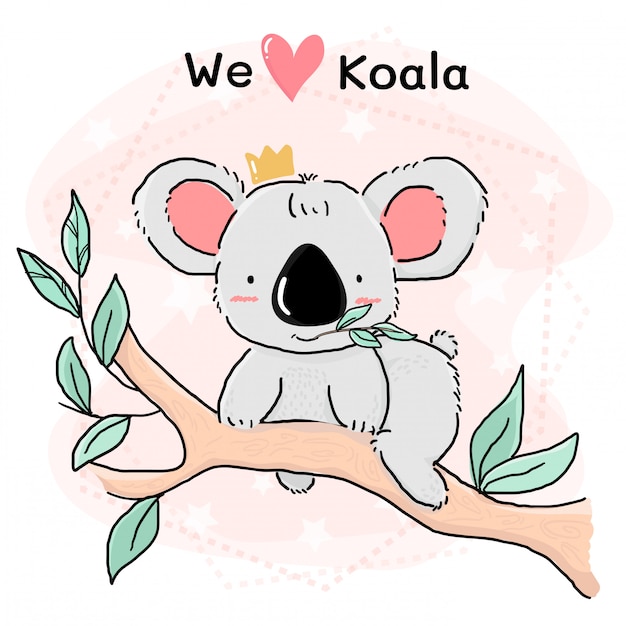 Vettore il koala grigio sveglio mangia il permesso sull'albero del ramo