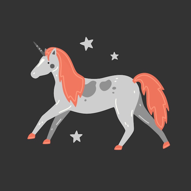 Cute grey unicorn with black mane in cartoon style. Vector flat illustration