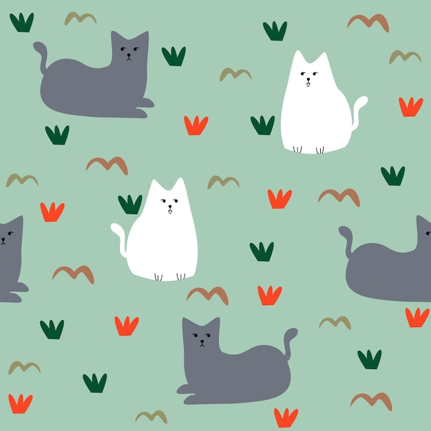 cute grey and white sitting cat pattern seamless vector