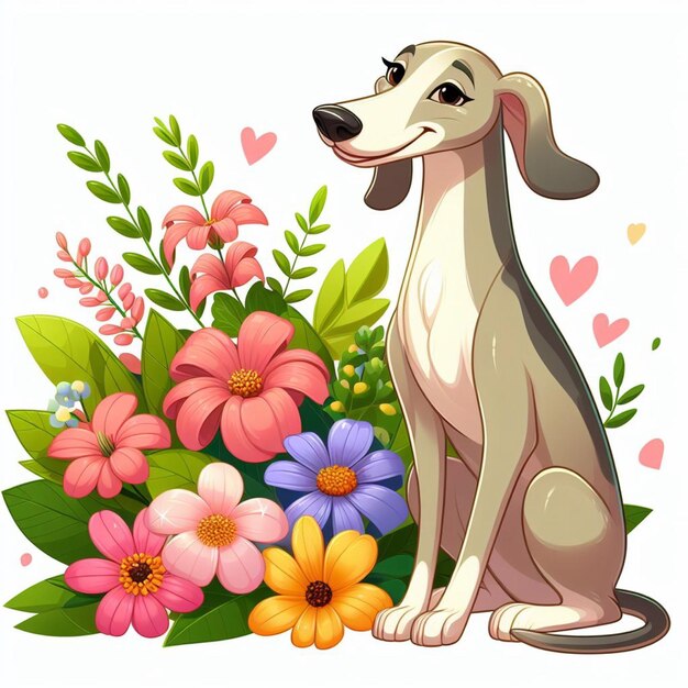 귀여운 그레이하운드 개와 꽃 터 만화 일러스트레이션