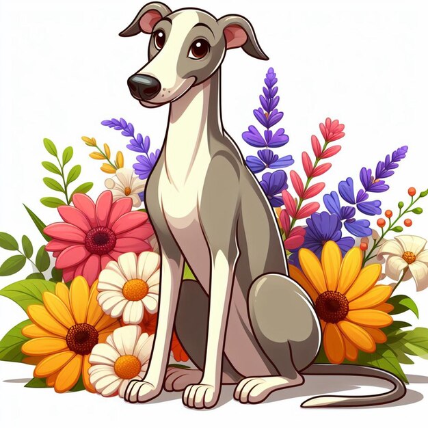 Cute greyhound dog and flowers vector cartoon illustration