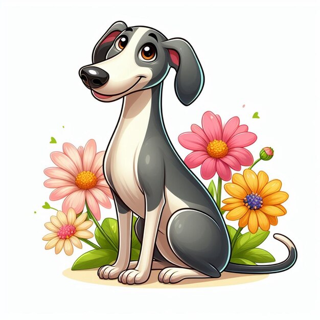 Cute greyhound dog and flowers vector cartoon illustration