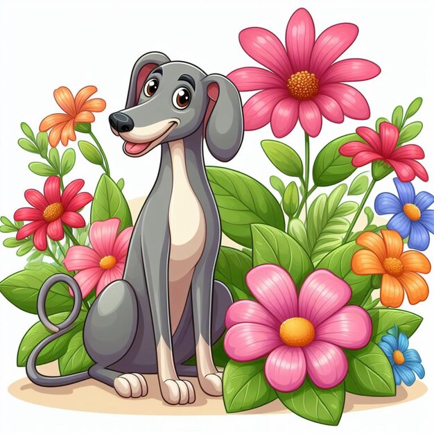 Cute greyhound dog and flowers vector cartoon illustration