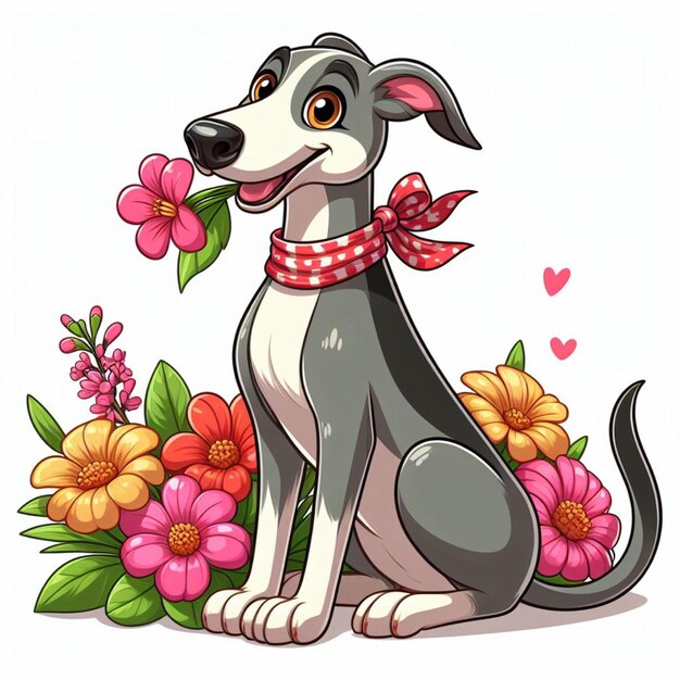 Vector cute greyhound dog and flowers vector cartoon illustration