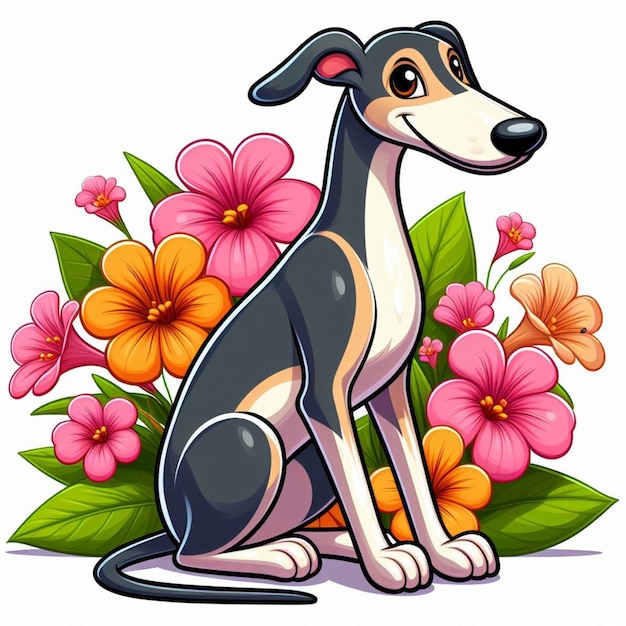 Cute greyhound dog and flowers vector cartoon illustration