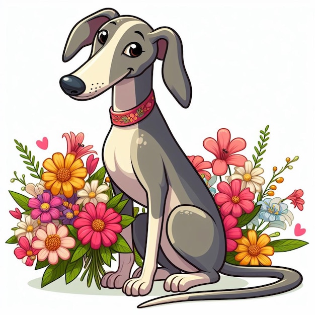 Cute greyhound dog and flowers vector cartoon illustration