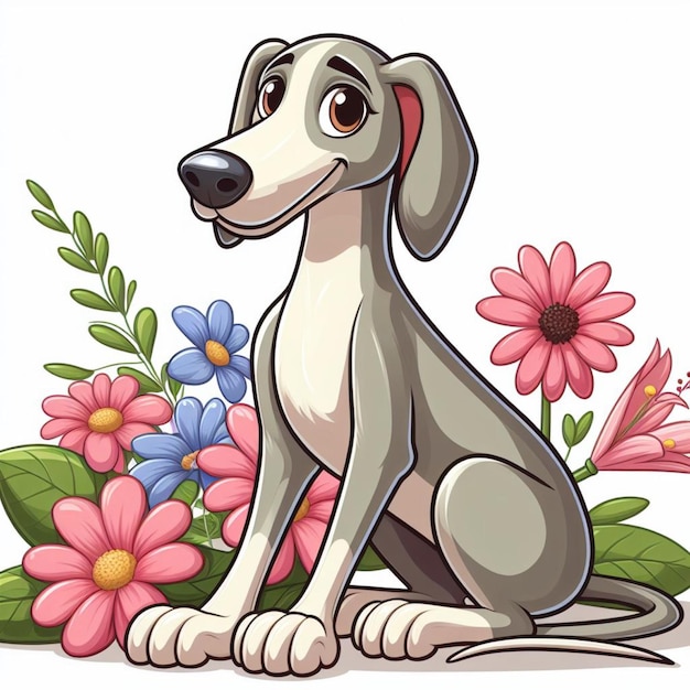 귀여운 그레이하운드 개와 꽃 터 만화 일러스트레이션