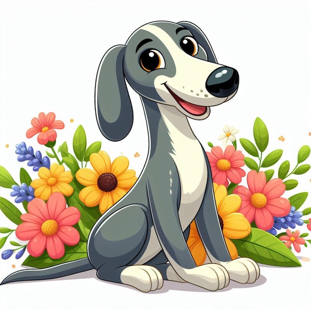 Cute Greyhound Dog and Flowers Vector Cartoon illustration