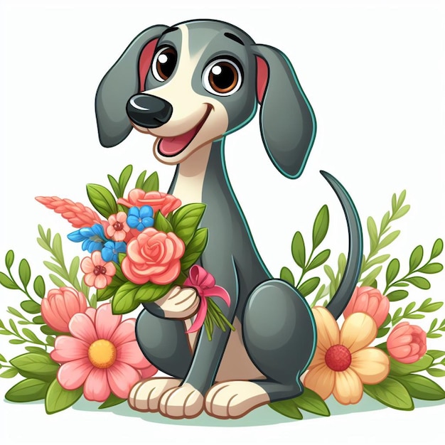 Vector cute greyhound dog and flowers vector cartoon illustration