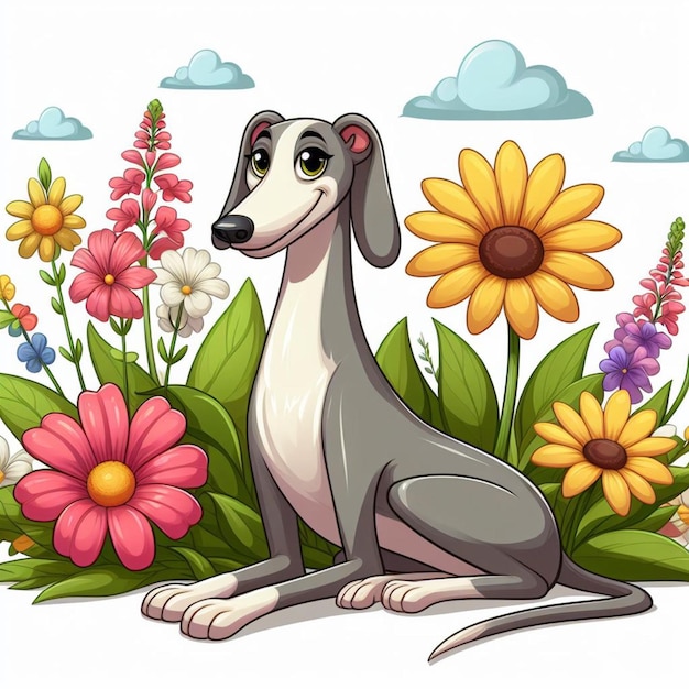 Cute greyhound dog and flowers vector cartoon illustration