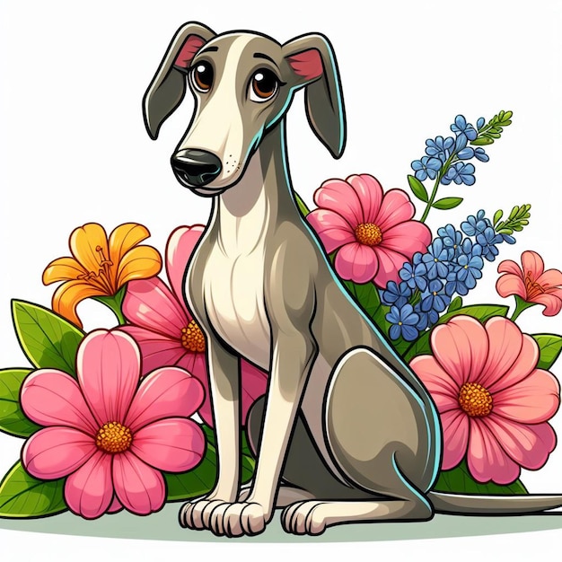 Cute greyhound dog and flowers vector cartoon illustration